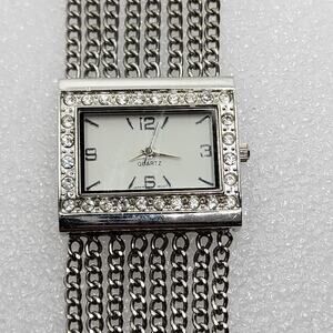 Silver Mesh Stranded Thread Chain Link Crystal Gemmed Accent Bracelet Cuff Watch